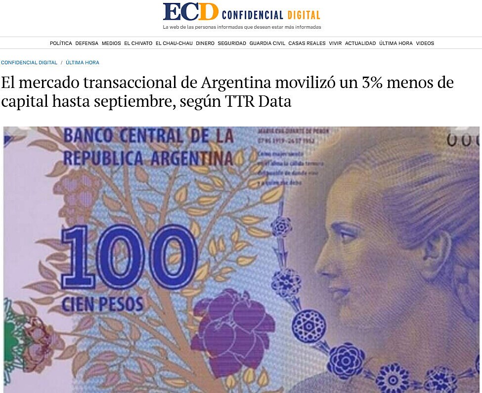 El mercado transaccional de Argentina moviliz un 3% menos de capital hasta septiembre, segn TTR Data